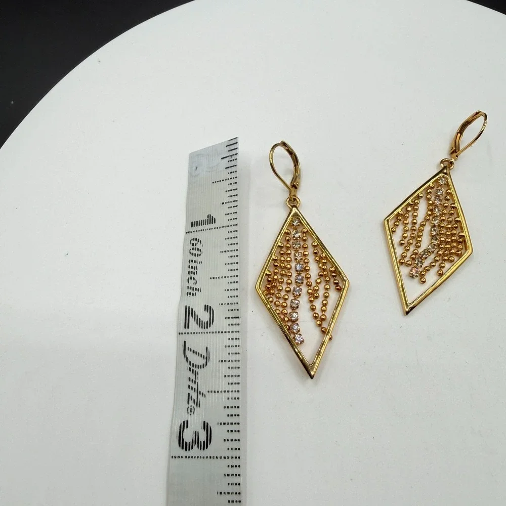 Gold Tone Rhinestone Diamond Shape Dangle Earrings Beaded Fringe Statement Party